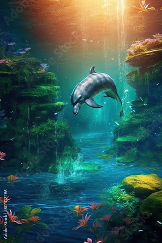 Dolphin in nature at under the water. Generative AI