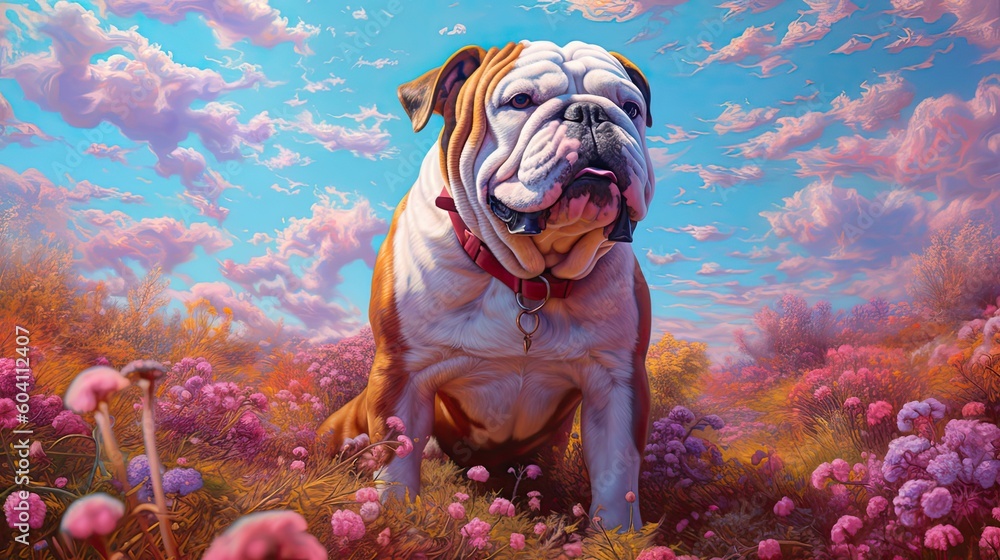 Bulldog in field of wild flowers. Generative AI
