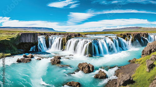 Beautiful vibrant summer panorama picture with a view on icelandic waterfall. Generative Ai photo