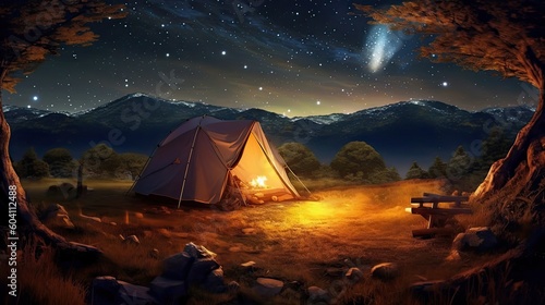 A tent glows under a night sky full of stars. Generative AI