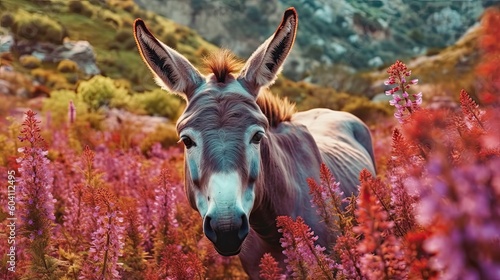 Donkey in field of wild flowers. Generative AI
