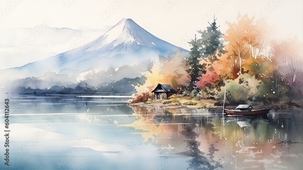 Fototapeta premium Beautiful scenic landscape of mountain Fuji with reflection on Shoji lake. Travel and twilight camping. Generative AI