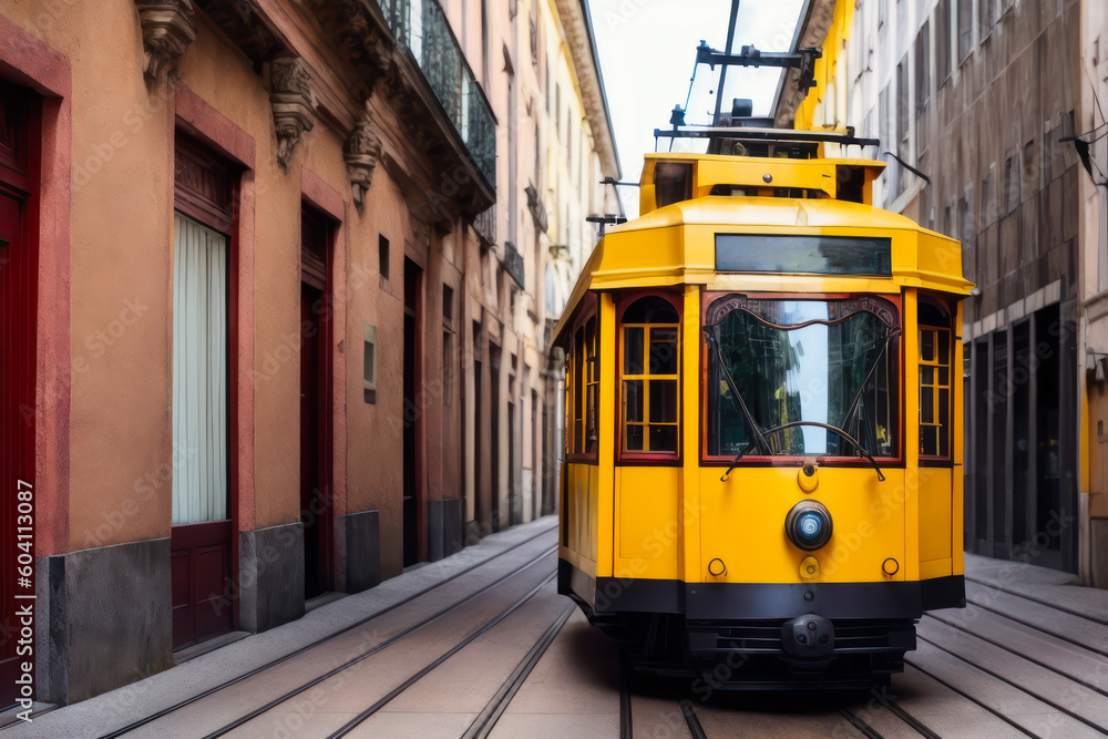 Digital photo of an old yellow tram on a Lisbon street. Travel concept. Generative AI