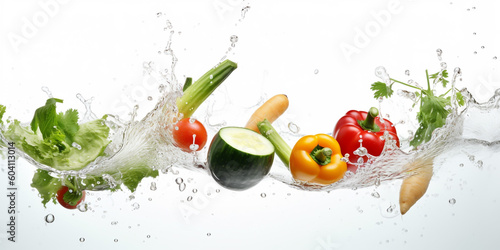 Vegetables splashing into clear water created with generative AI