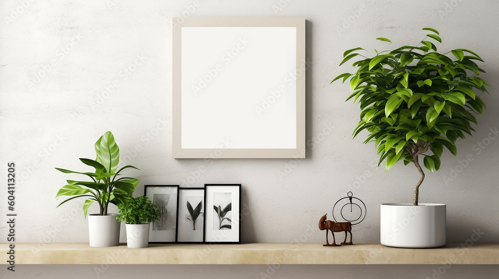 White wall decoration with a picture frame, clock and plants. Generative Ai White wall decoration with a picture frame, clock and plants. Generative Ai