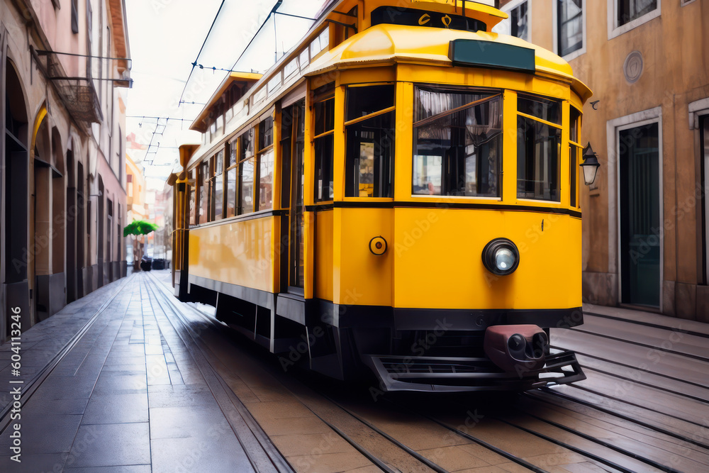 Digital photo of an old yellow tram on a Lisbon street. Travel concept. Generative AI