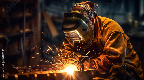 Welder at work on shipbuilding. Generative Ai