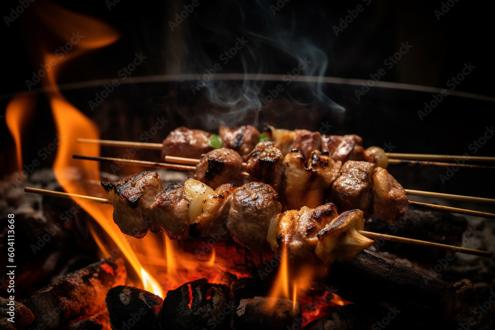 Shashlik or skewer on bbq grill, close up view of summer picnic food. Generative AI
