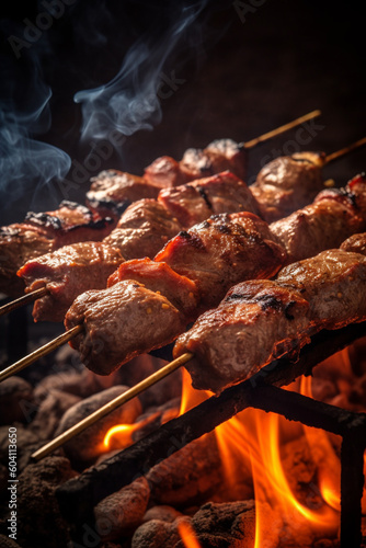 Shashlik or skewer on bbq grill, close up view of summer picnic food. Generative AI