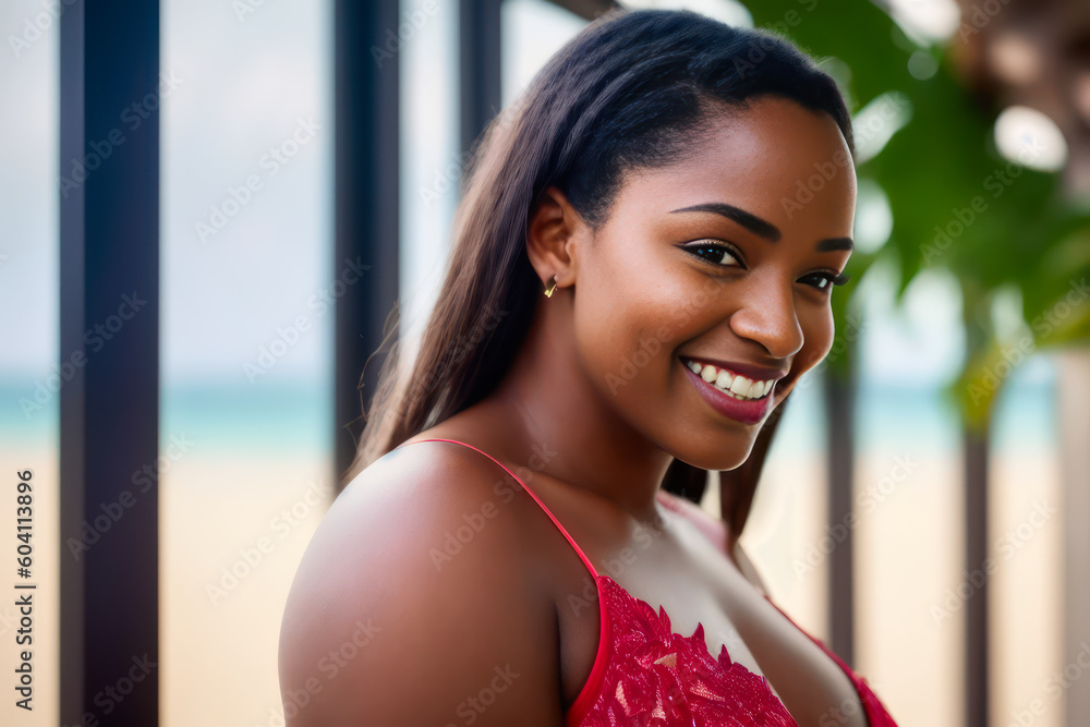 Portrait of young attractive laughing ebony woman wearing a swimsuit laughing outdoors on the tropical beach. Generative AI