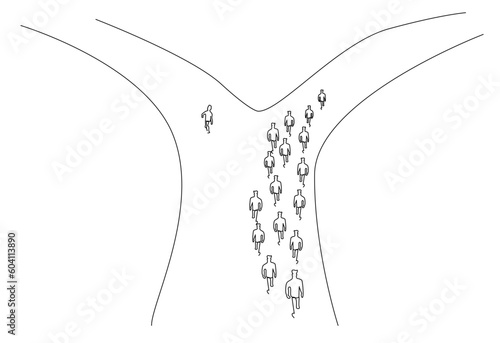 People are walking on the same crowded road. one person chooses a different path goes the other way line art