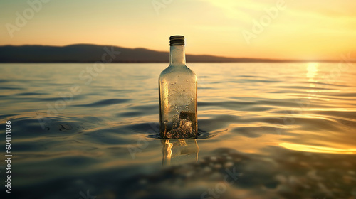 Bottle with a message in the sea at sunset. Generative Ai