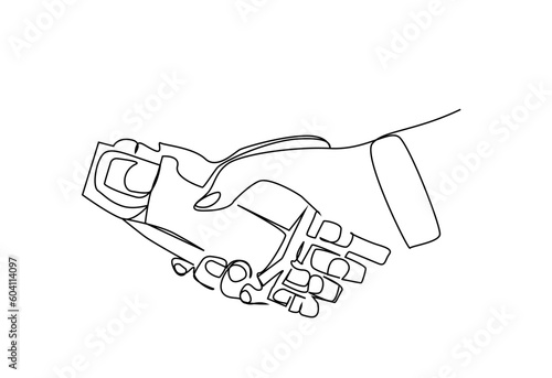 robot hand and human hand deal handshake future tense business line art