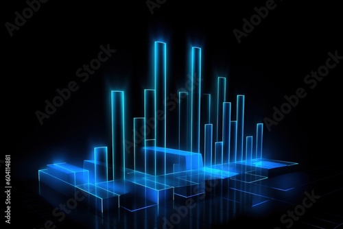 Blue neon light chart, finance and stock exchange concept, dark background, digital illustration. Generative AI