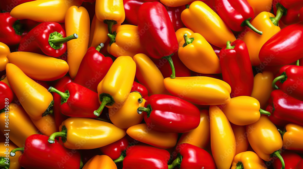 Red peppers and yellow peppers placed closely in one pile. Generative Ai Red peppers and yellow peppers placed closely in one pile. Generative Ai