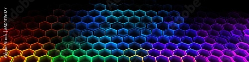 Background with geometric patterns  degrade neon light hive  black background  digital illustration. Generative AI
