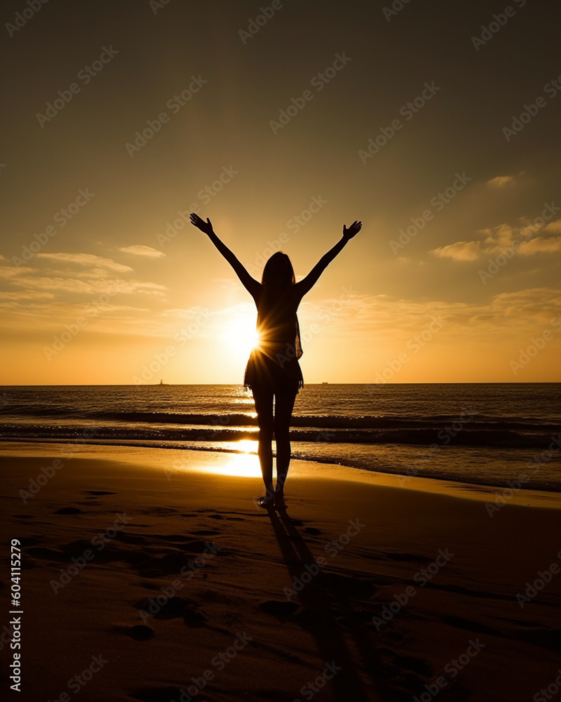 Silhouette of woman with arms raised in the morning sun. 