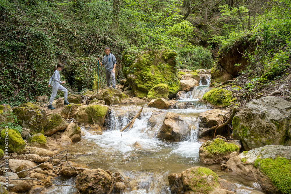 group of children crossing a mountain river over a log group of children crossing a mountain river over a log