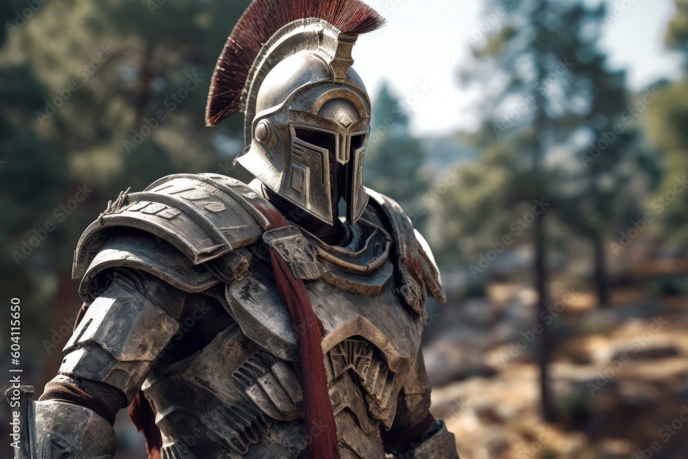 Spartan warrior in armor, battlefield in the background, bokeh background. Generative AI Spartan warrior in armor, battlefield in the background, bokeh background. Generative AI