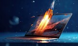 Rocket taking off from laptop screen, business and startup concept, blue background. Generative AI