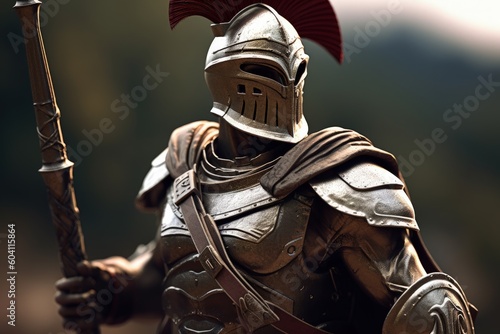 Spartan warrior in armor, battlefield in the background, bokeh background. Generative AI