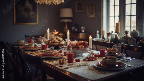 Beautiful table setting with Christmas decor indoors. Generative AI