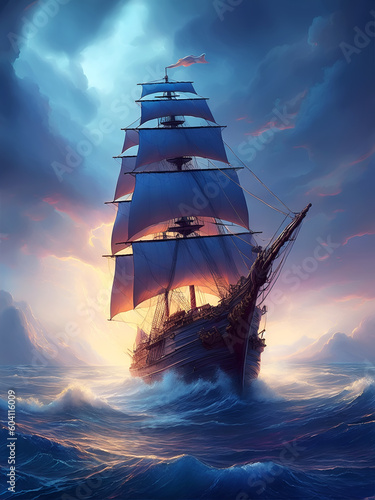 sail-ship in stormy sea, Generative AI