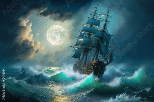 sail-ship in stormy sea, Generative AI