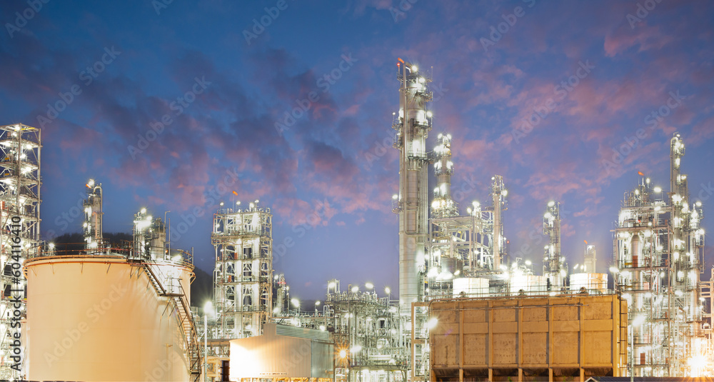 Refinery from industrial field, oil and gas industry perspective, petrochemical industry, storage tanks, refinery plant and iron pipes at night, ecosystem