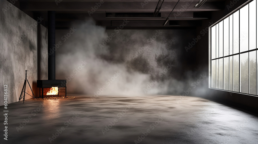 Room with concrete floor and smoke with dark wall background. Generative Ai