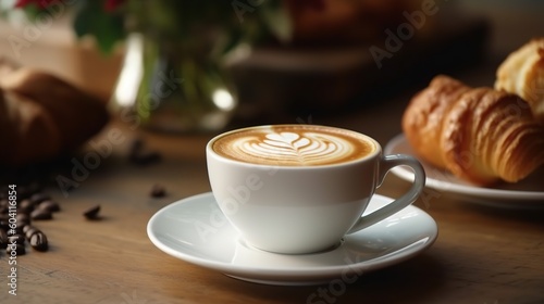 Cappuccino, Latte, Coffee in a Lovely Background, some Flower Colorful in the background slightly blurred. Generative AI.