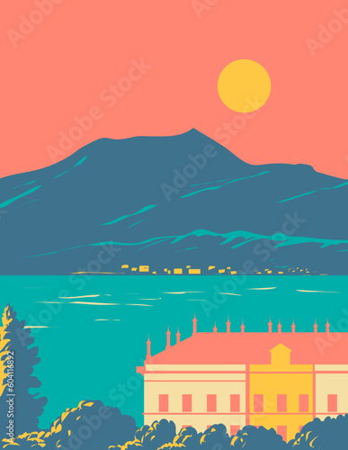 WPA poster art of Lake Como Lago di Como or Lario with villa and Alps and Bellagio municipality in background located in Lombardy, Italy done in works project administration or Art Deco style.