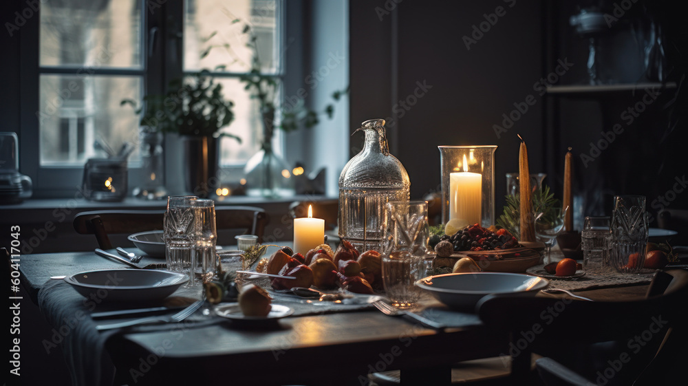 Beautiful table setting with Christmas decor indoors. Generative AI