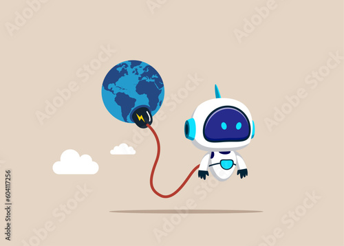 Robot with artificial intelligence with electric plug sucking energy from planet earth. Flat vector illustration