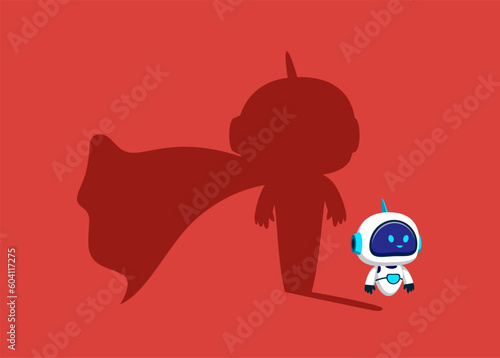 Cyborg with artificial intelligence dreams of becoming a superhero. Confident handsome robot standing superhero shadow concept illustration.