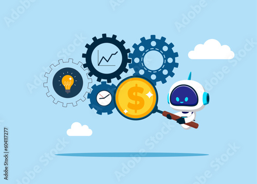Cyborg with artificial intelligence  with magnifier dollar money from cog gear production. Optimize cost and expense for better profit strategy. Vector illustration