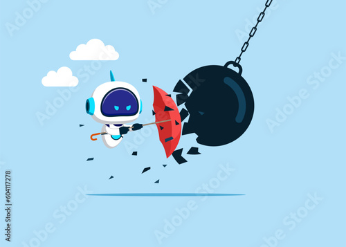 Cyborg with artificial intelligence holding an open red umbrella which protects from a collision with a broken wrecking ball. Safety measures. IT defense. Insurance and protection. 