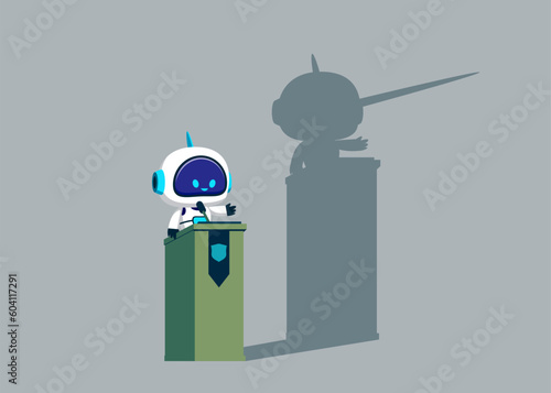 Cyborg with artificial intelligence with long nose lier talk about fake news. Robot lies about truth. Flat vector illustration