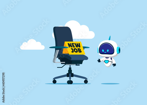 Robot with artificial intelligence with his new job office chair. New job offer. Robot replace people. Flat vector illustration.