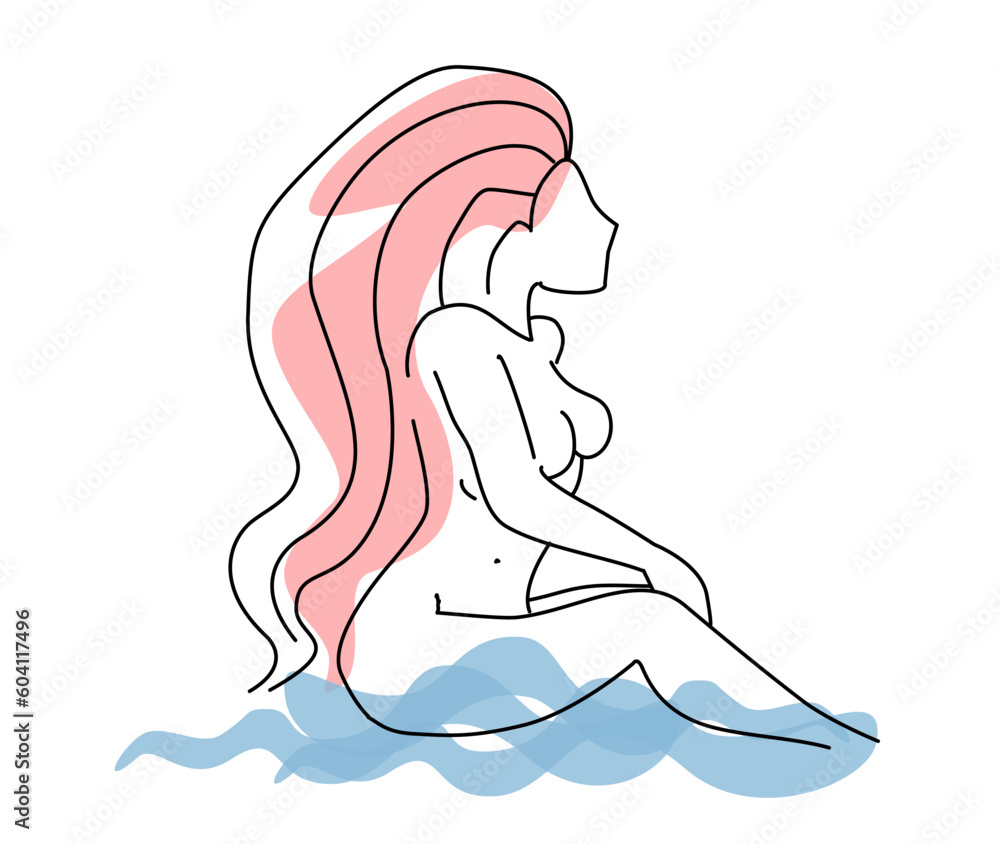 vector illustration, abstract girl on a sea wave, line art with 2 colors pink and blue, on isolated white background vector illustration, abstract girl on a sea wave, line art with 2 colors pink and blue, on isolated white background