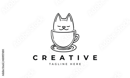 An adorable cat vector icon of a kitten with a coffee cup, a versatile logo symbol with a charming cartoon character illustration design.
