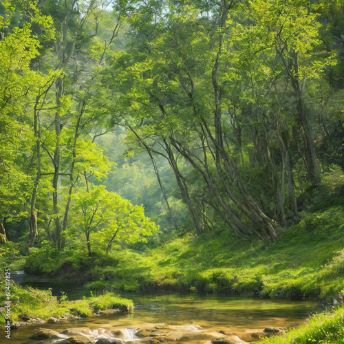 Beautiful rays of sunlight under the river in a green forest  spring forest nature landscape  beautiful spring stream  river rocks in mountain forest