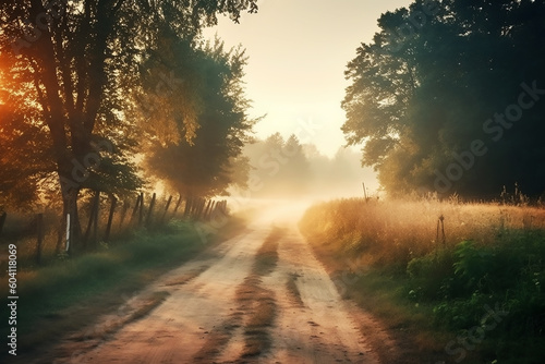 Beautiful landscape of a country road in forest. Generative AI