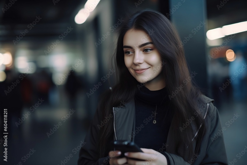 młoda dziewczyna o długich ciemnych włosach trzymająca w dłoniach smartfona - obrazy, fototapety, plakaty 