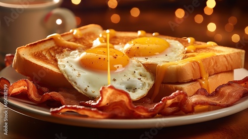 Savor the Classics: A Tempting American Breakfast Delight. Commercial Photography. Generative AI.