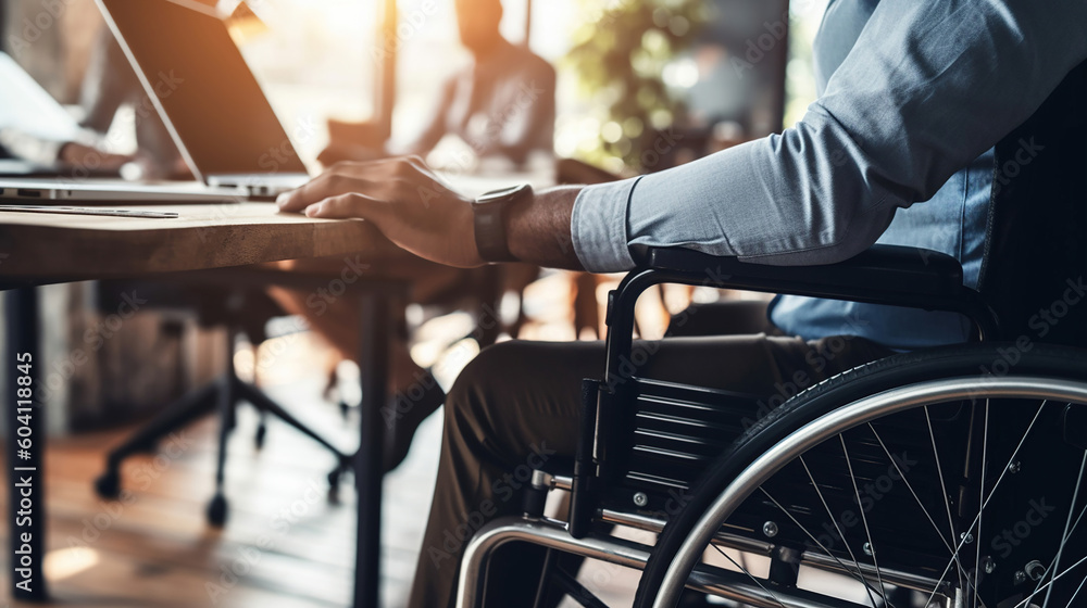 Disabled Man on Wheelchair in Office. Generative Ai Disabled Man on Wheelchair in Office. Generative Ai