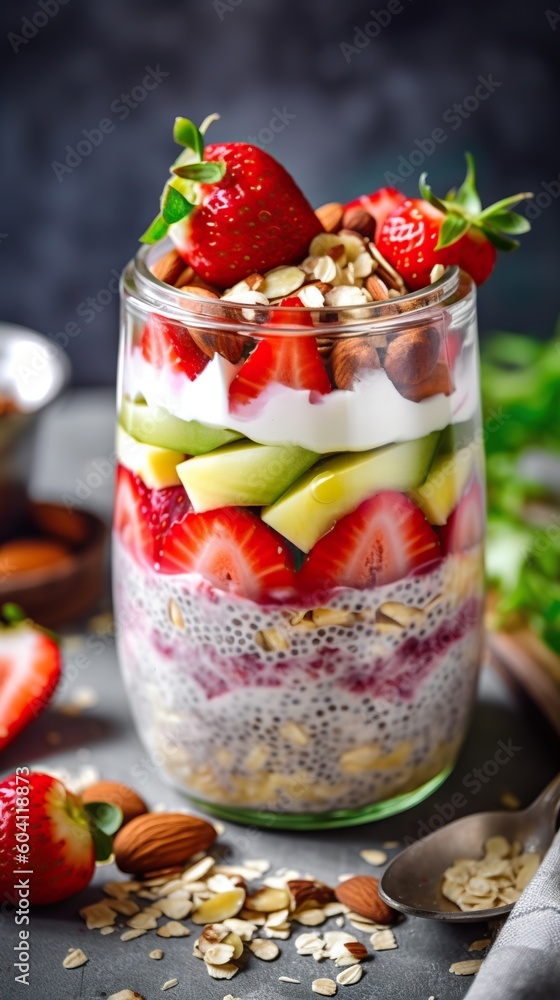 Glass Delights: A Captivating Exotic Fruit Parfait in a Crystal Clear Vessel. Commercial Photography. Generative AI. Glass Delights: A Captivating Exotic Fruit Parfait in a Crystal Clear Vessel. Commercial Photography. Generative AI.