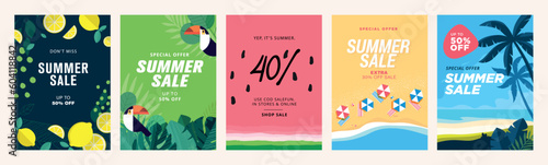 Summer sale banners and posters. Set of vector illustrations for web and social media banners, print material, newsletter designs, coupons, marketing.