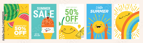 Summer sale banners and posters. Set of vector illustrations for web and social media banners, print material, newsletter designs, coupons, marketing.