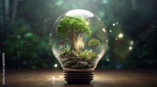 tree growing on a light bulb with sunlight in nature and small plant growth steppe. energy saving and eco concept
